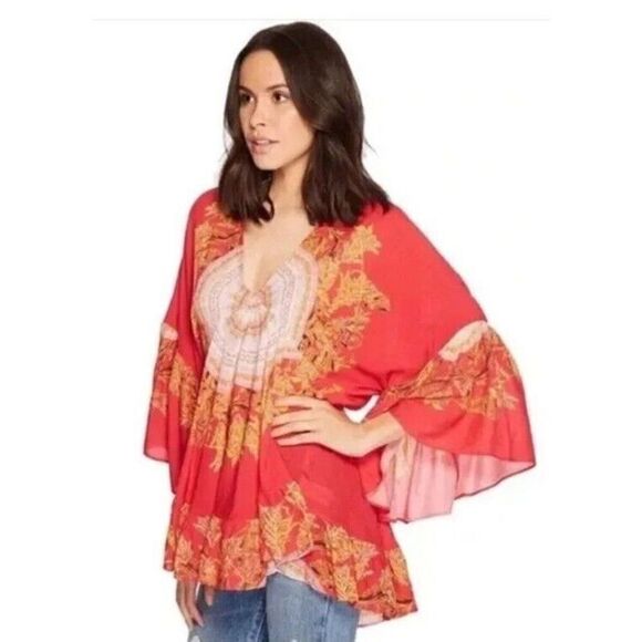 FREE PEOPLE Women Sz S Sunset Dreams Printed Red Tunic Ruffle Top - Picture 8 of 14